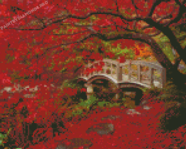 Park Red Tree And Bridge Diamond Painting