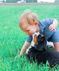 Toddler With Black Puppy Diamond Painting