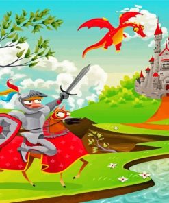 Warrior Fighting Dragon Fairy Castle Diamond Painting