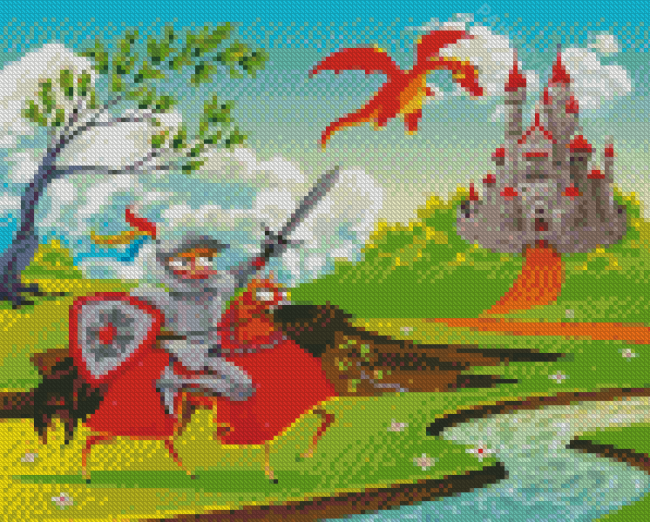 Warrior Fighting Dragon Fairy Castle Diamond Painting