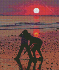 Beach Sunset With Children Silhouette Diamond Painting