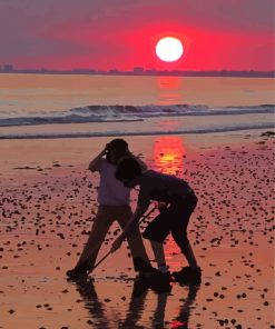 Beach Sunset With Children Silhouette Diamond Painting