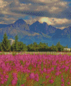 Flower Field With Pioneer Peak View Diamond Painting