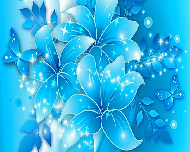 Illustration Blue Flowers With Butterflies Diamond Painting