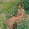 Retro Woman Sitting On Grass With Flowers Diamond Painting