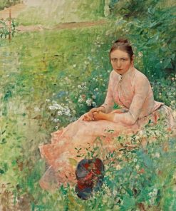 Retro Woman Sitting On Grass With Flowers Diamond Painting