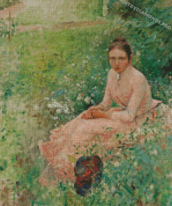 Retro Woman Sitting On Grass With Flowers Diamond Painting