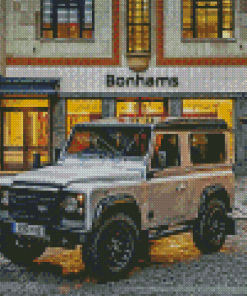 White Land Rover Defender In City Streets Diamond Painting