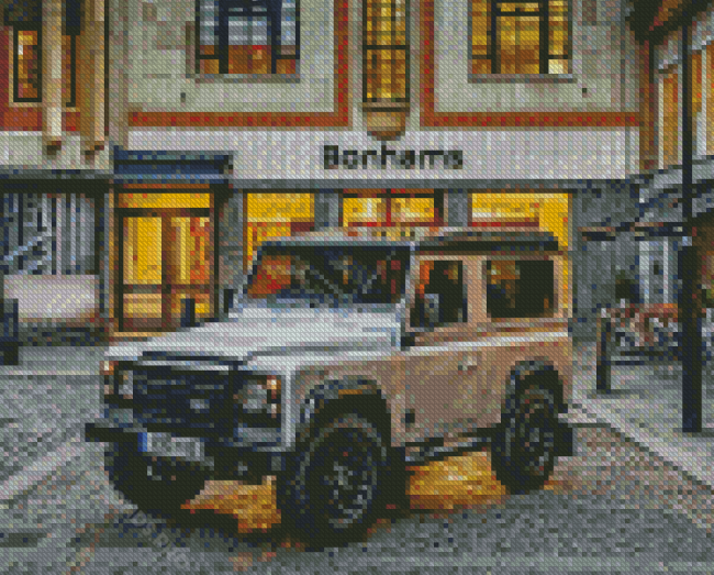 White Land Rover Defender In City Streets Diamond Painting