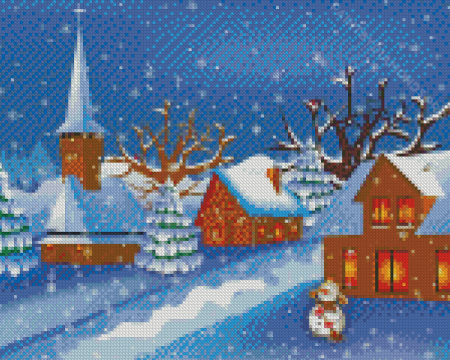 Night In The Snowman Town Winter Diamond Painting