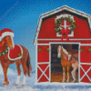 Winter Red Barn Horses Diamond Painting