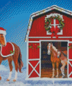 Winter Red Barn Horses Diamond Painting