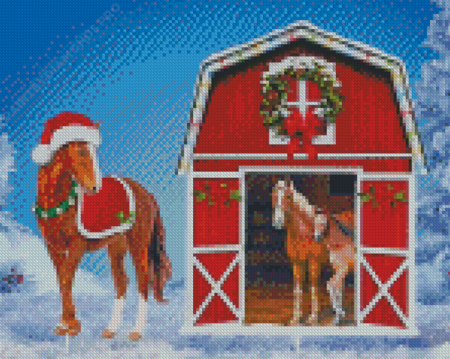 Winter Red Barn Horses Diamond Painting