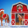 Winter Red Barn Horses Diamond Painting