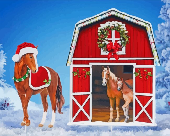 Winter Red Barn Horses Diamond Painting