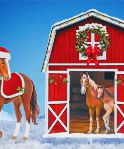 Winter Red Barn Horses Diamond Painting