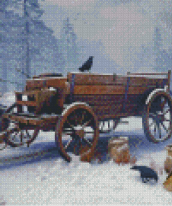 Wooden Old Wagon In The Snow Diamond Painting