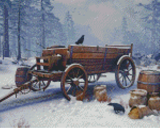 Wooden Old Wagon In The Snow Diamond Painting