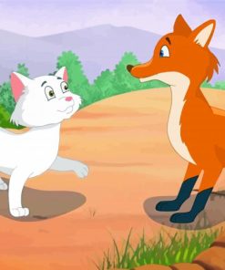 Cartoon White Cat And Fox Diamond Painting