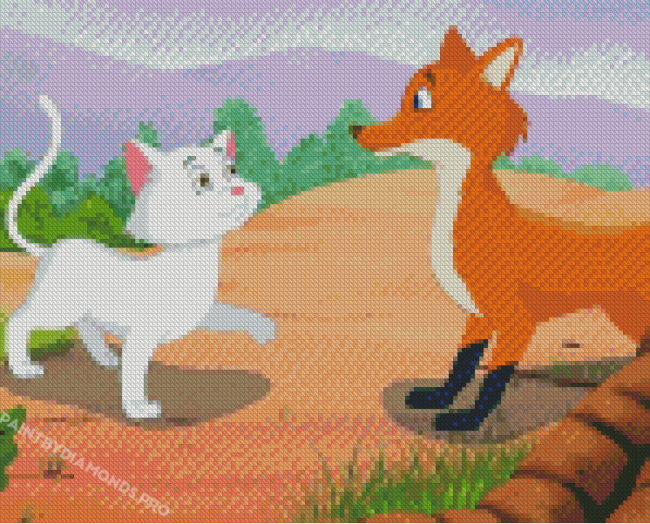 Cartoon White Cat And Fox Diamond Painting