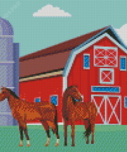 Horses And Red Barn Diamond Painting