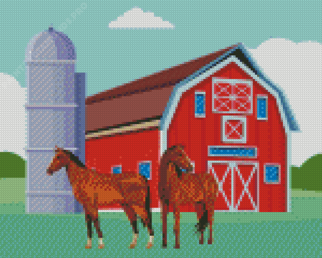 Horses And Red Barn Diamond Painting