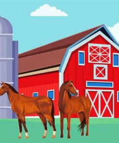 Horses And Red Barn Diamond Painting