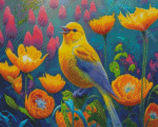 Yellow Warbler Bird And Flowers Diamond Painting