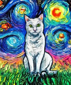 White Cat Starry Night Diamond Painting