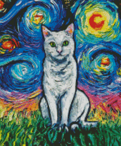 White Cat Starry Night Diamond Painting