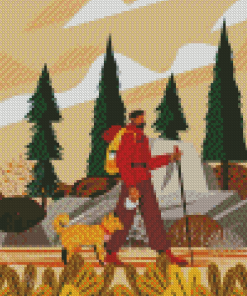 Illustration Man Hiking With Dog In Fall Diamond Painting