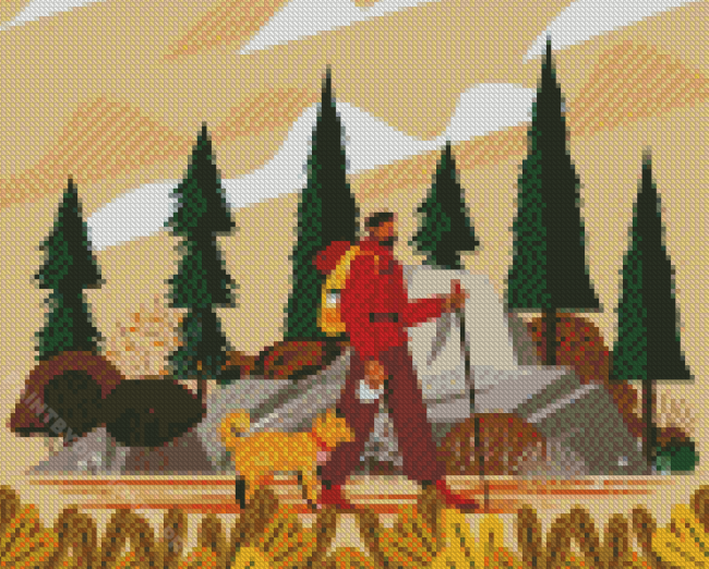 Illustration Man Hiking With Dog In Fall Diamond Painting