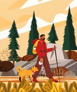 Illustration Man Hiking With Dog In Fall Diamond Painting