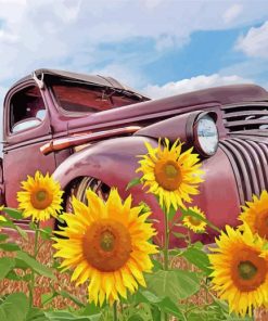 Sunflower And Old Farm Truck Diamond Painting