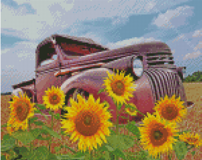 Sunflower And Old Farm Truck Diamond Painting