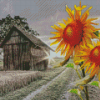 Sunflowers And Old Barn Farm Diamond Painting