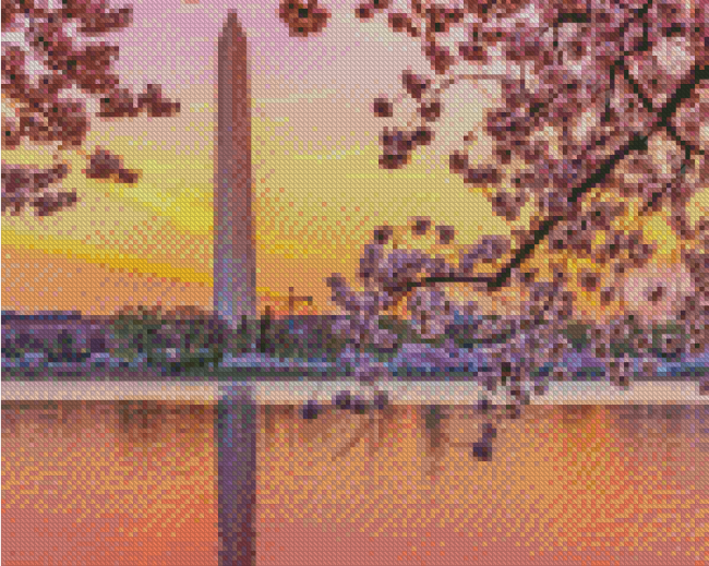 Sunset Cherry Blossom Washington Monument Diamond Painting