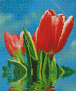 Water And Red Tulips Flowers Diamond Painting