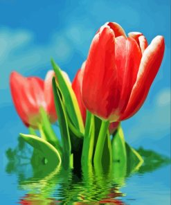 Water And Red Tulips Flowers Diamond Painting