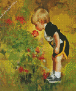 Boy In Garden Smelling Flower Diamond Painting