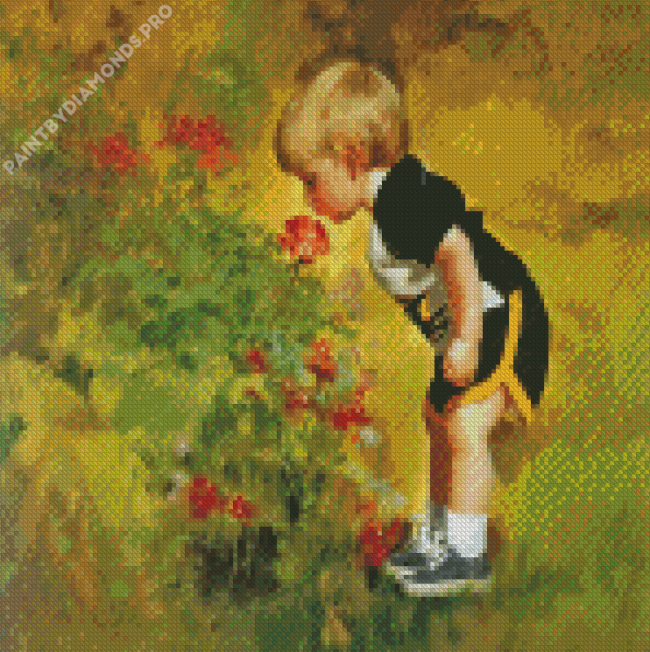 Boy In Garden Smelling Flower Diamond Painting