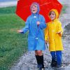 Children In The Rain With Red Umbrella Diamond Painting