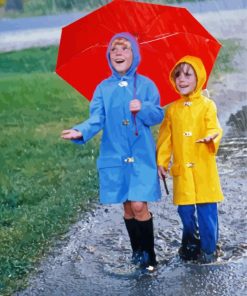 Children In The Rain With Red Umbrella Diamond Painting