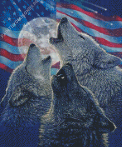 Howling Wolves And American Flag Diamond Painting