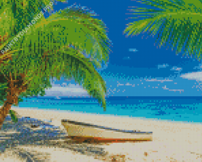 Island Fiji Beach Boat Palm Trees Diamond Painting