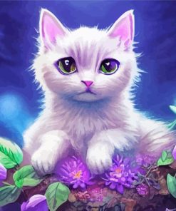 Purple Flowers Cat Diamond Painting