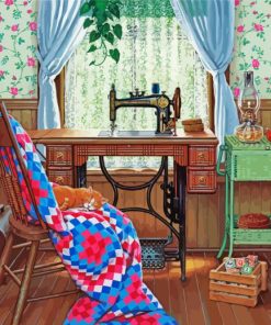 Sleepy Cat In A Sewing Room Diamond Painting