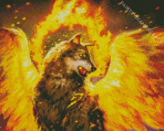 Fantasy Wolf With Wings On Fire By Diamond Painting