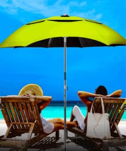 Greeb Umbrella With chairs On Beach With Diamond Painting