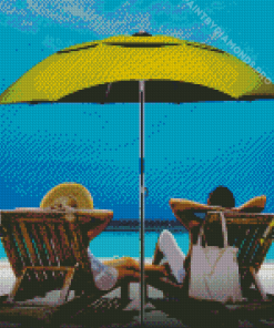 Greeb Umbrella With chairs On Beach With Diamond Painting